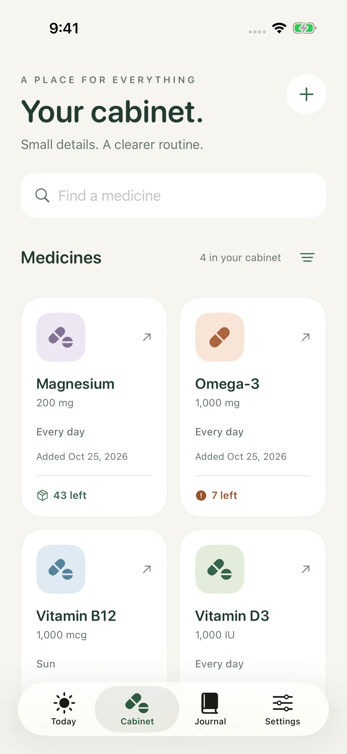 Medicine cabinet with sample medicines and remaining supply