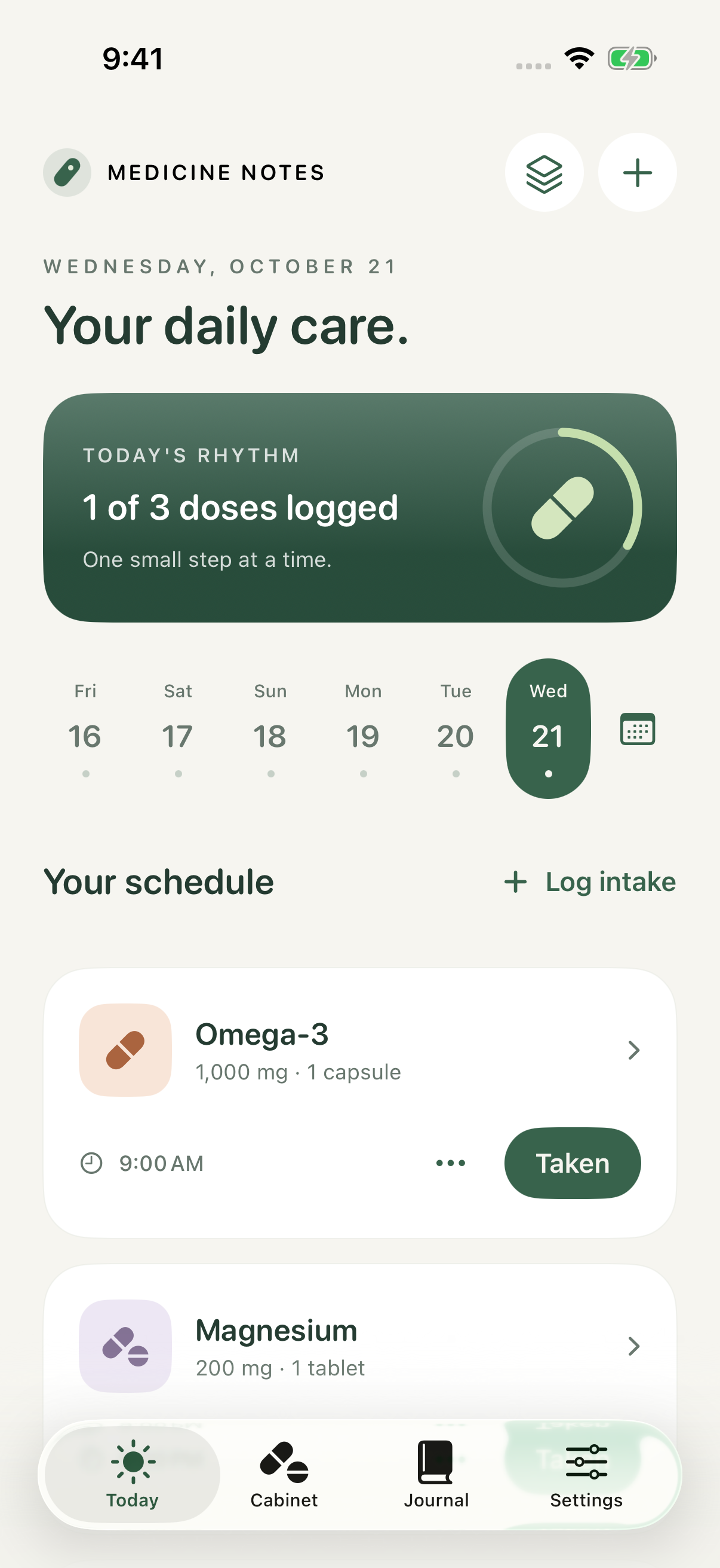 Medicine Notes Today screen, with sample medicines and a daily schedule