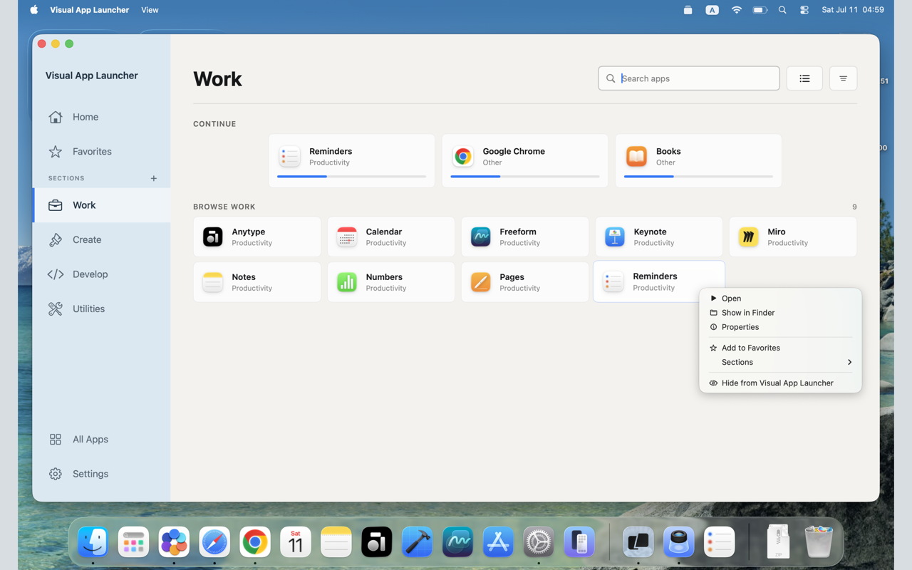 Visual App Launcher Work section context menu